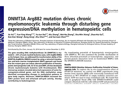 Xu J, et al. DNMT3A Arg882 mutation drives chronic myelomonocytic leukemia through disturbing gene expression/DNA methylation in hematopoietic cells. Proc Natl Acad Sci U S A. 2014 Feb 18;111(7):2620-5. (IF=9.681)