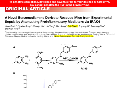 Dou H, et al. A Novel Benzenediamine Derivate Rescued Mice from Experimental Sepsis by Attenuating Proinflammatory Mediators via IRAK4. Am J Respir Cell Mol Biol. 2014 Aug;51(2):191-200. (IF=4.109)