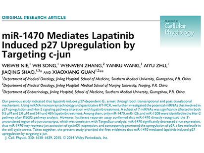 Nie W,et al.miR-1470 Mediates Lapatinib Induced p27 Upregulation by Targeting c-jun. J Cell Physiol. 2015 Jul;230(7):1630-9. (IF=4.080)