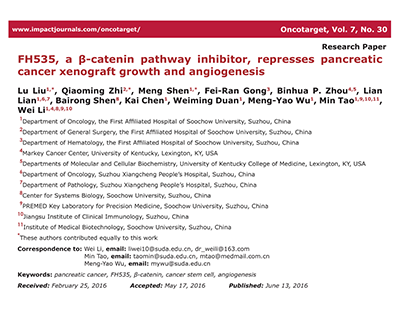 Liu, L. et al. FH535 , a β-catenin pathway inhibitor , represses pancreatic cancer xenograft growth and angiogenesis. Oncotarge. 2016 Jul 26;7(30):47145-47162.(IF=5.168)