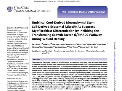 Fang S, et al. Umbilical Cord-Derived Mesenchymal Stem Cell-Derived Exosomal MicroRNAs Suppress Myofibroblast Differentiation by Inhibiting the Transforming Growth Factor-b/SMAD2 Pathway During Wound Healing. Stem Cells Transl Med. 2016 Oct;5(10):1425-143