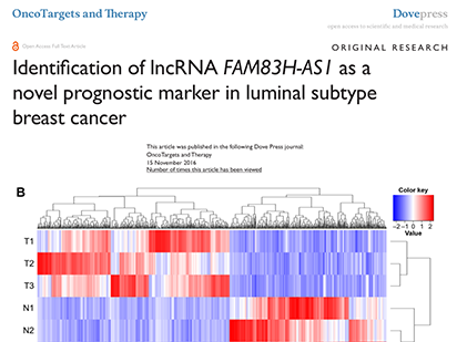 Yang, F. et al. Identification of lncRNA FAM83H-AS1 as a novel prognostic marker in luminal subtype breast cancer. Onco Targets Ther. 2016 Nov ;Volume 9:7039-7045.(IF=1.653)