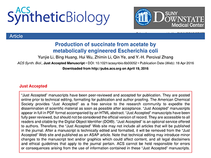 Li, Y. et al. Production of Succinate from Acetate by Metabolically Engineered Escherichia coli. ACS Synthetic Biology Vol 5. 2016 Nov 18;5(11):1299-1307. (IF=5.382)
