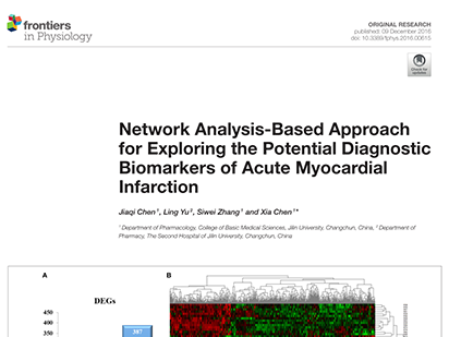 Chen J, et al. Network analysis-based approach for exploring the potential diagnostic biomarkers of acute myocardial infarction. Front Physiol. 2016 Dec 9;7:615. (IF=4.031)