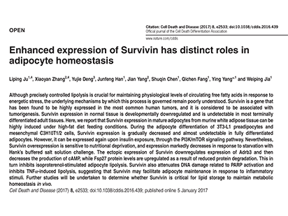 Ju L, et al. Enhanced expression of Survivin has distinct roles in adipocyte homeostasis. Cell Death Dis. 2017 Jan 5;8(1):e2533.（IF=5.965）