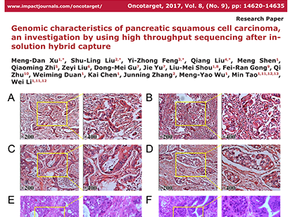 Xu, M. et al. Genomic characteristics of pancreatic squamous cell carcinoma, an investigation by using high throughput sequencing after in-solution hybrid capture. Oncotarget.  2017 Feb;8(9):14620-14635. (IF=5.168)