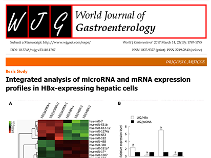 Chen, R.-C. et al. Integrated analysis of microRNA and mRNA expression profiles in HBx-expressing hepatic cells. World J. Gastroenterol.  2017 Mar ;23(10):1787.(IF=3.365)
