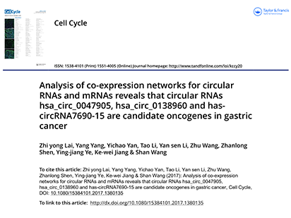 Lai, Z.Y. et al. Analysis of co-expression networks for circular RNAs and mRNAs reveals that circular RNAs hsa_circ_0047905, hsa_circ_0138960 and hascircRNA7690-15 are candidate oncogenes in gastric cancer. Cell Cycle. 2017 Oct 5:1-11. (IF=3.53)