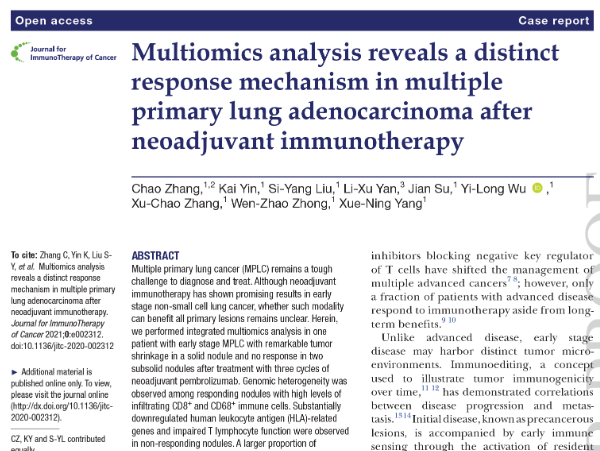 烈冰助力||多组学分析揭示了多原发肺腺癌新辅助免疫治疗后的反应机制