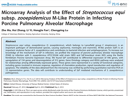 Ma Z, et al. Microarray Analysis of the Effect of Streptococcus equi subsp. zooepidemicus M-Like Protein in Infecting Porcine Pulmonary Alveolar Macrophage. PLoS One. 2012 Jul;7(5):e36452. (IF=4.351)