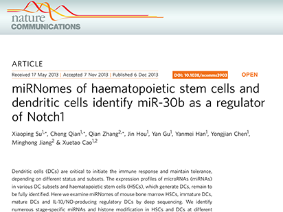 Su X, et al. miRNomes of haematopoietic stem cells and dendritic cells identify miR-30b as a regulator of Notch1. Nat Commun. 2013 Mar;4:2903. (IF=10.02)