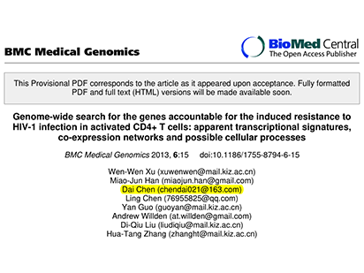 Xu W, et al. Genome-wide search for the genes accountable for the induced resistance to HIV-1 infection in activated CD4+ T cells: apparent transcriptional signatures, co-expression networks and possible cellular processes. BMC Med Genomics. 2013 May 1;6:
